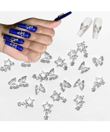 MOMSON Silver Butterfly Nail Charms Alloy Star Nail Art Charms 20Pcs Shiny Crystal Nail Rhinestones for Women Nail Designs