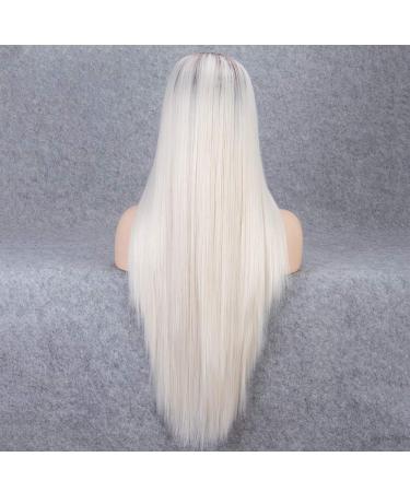 SHIYID Platinum Lace Front Wig - Blonde & Brown Roots | Long Silky Straight Synthetic Wig for Women - Heat Resistant - Buy Online on GoSupps.com