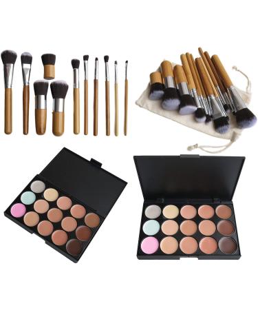 15 Colors Cosmetics Cream Contour Foundation Concealer Palette Kit with 11pcs Bamboo Brush