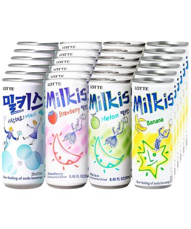 WaNaHong LOTTE Milkis Sparkling Cream Soda Drink FRUITY SET (24 Cans) | Original Strawberry Melon Banana