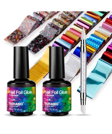 BURANO Nail Art Foil Glue Gel, 15ML 2 Bottles with 60PCS Foils Sticker, Nails Designer Adhesive Transfer Art UV LED Lamp Required Fall Winter