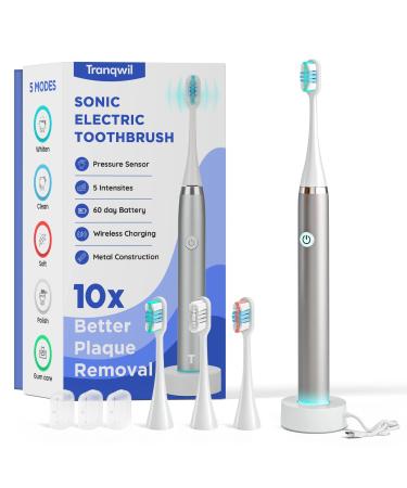 Tranqwil Sonic Electric Toothbrush for Adults  Vibration Plate 42 000 VPM Motor  60 Day No Charge  Sonic Toothbrush Electric Wireless Fast Charge  5 Modes  2 Min Built in Smart Timer (Metal Build)