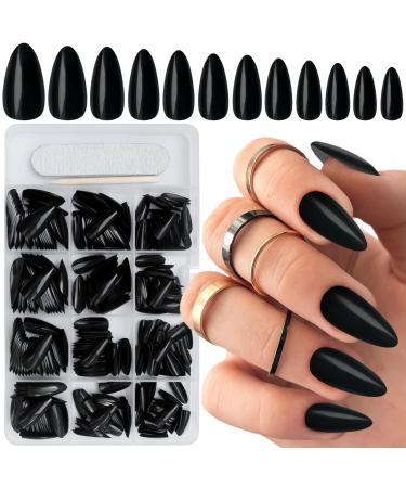 360pcs Almond Press on Nails Medium Length Fake Nails Glossy Black False Nails Acrylic Nails Press Ons with 10 Sheets Adhesive Tabs for Women Girls Fingernails Design