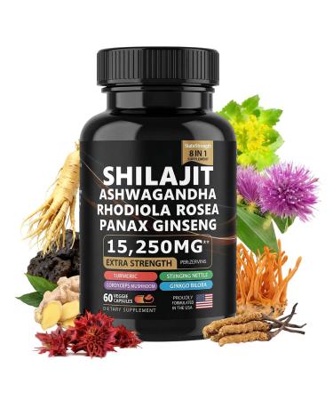 Pure shilajit Supplement with ashwagandha Ginseng rhodiola rosea cordyceps Mushroom Ginkgo biloba stinging Nettle Turmeric 8 in 1 Supplement