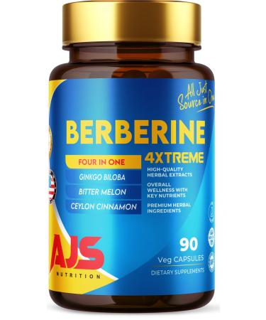 AJS Berberine Supplement with Ceylon Cinnamon & Ginkgo Biloba - Blood Sugar Support Supplement High Potency Berberine HCl 400mg + Bitter Melon Extract 90 Capsules 45 Days Supply 90 Count (Pack of 1)