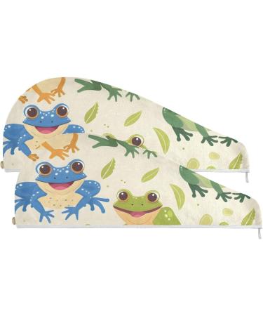 Cartoon Animals Seamless Frogs Hair Towel 2 Pack | Super Absorbent Quick Dry Hair Turbans for Women & Girls - Buy Online on GoSupps.com