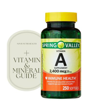 1 Pack Vitamin A 2 400 mcg Softgels 250 Count (1 Bottle) + Vitamin Guide & Sticker Included
