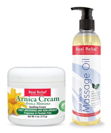 Real Relief Arnica Combo Set (4 oz Cream + 8 oz Massage Oil)