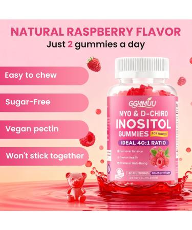 GGMMUU Myo-Inositol & D-Chiro Inositol Gummies for Women 2000mg + 50mg Ideal 40:1 Ratio with Vitamin D3 Magnesium Glycinate Folate & Zinc for Female Raspberry Flavor 60 Count - Buy Online on GoSupps.com