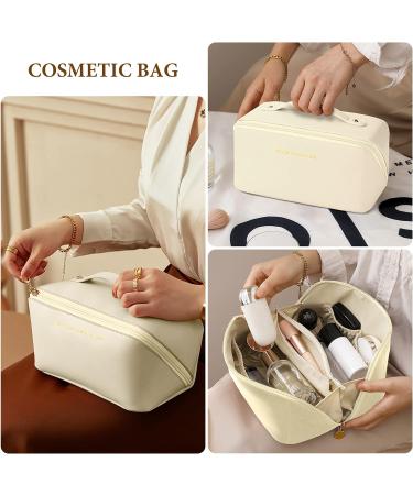 Aucuu Premium PU Large Capacity Cosmetic Travel Bag | Multifunctional Waterproof Organizer | Portable Zipper Bag | Easy to Carry - Gift for Women - Beige - Buy Online on GoSupps.com