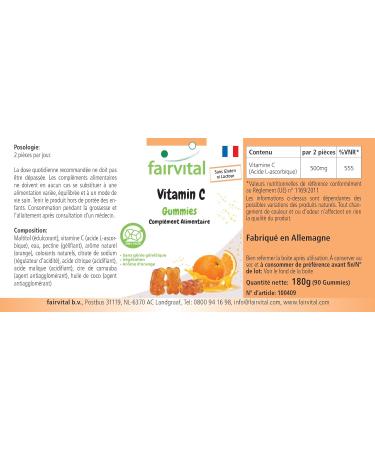 Fairvital | Gommes vitamine C - 90 pi ces - 500mg par jour - Saveur orange - Hautement dos es - 100% v g taliennes + sans sucre - Qualit contr l e et hautement dos es - Fabriqu es en allemagne - Buy Online on GoSupps.com