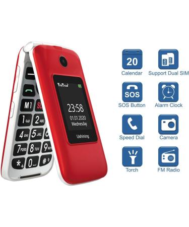 USHINING Senior Big Button Flip Phone | Dual SIM Unlocked | 2.8 Large Screen | SOS Button | FM Radio | Torch | Charging Cradle - Red - Buy Online on GoSupps.com