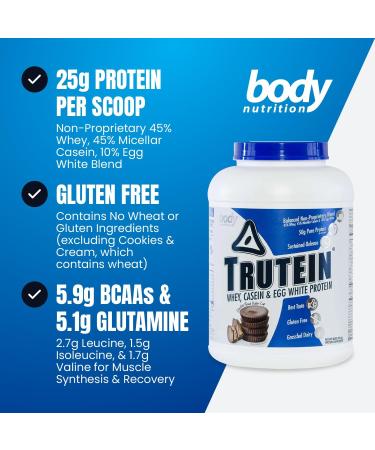 Body Nutrition Trutein High Protein Powder: 45% Whey 45% Casein 10% Egg White Protein Shake Mix Gluten-Free Low Sodium Low Carb Protein Supplement for Men & Women Chocolate Peanut Butter 4lb Chocolate Peanut Butter 4  - Buy Online on GoSupps.com