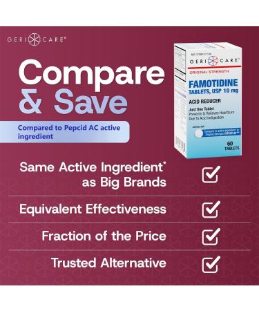 GeriCare Regular Strength Famotidine 10mg Tablets, Acid Reducer, Relief for Heartburn, Acid Reflux and Acid Indigestion, 60 Count (Pack of 1) Regular Strength 60 Count (Pack of 1) - Buy Online on GoSupps.com