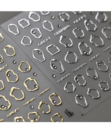 Irregular Bronzing Nail Art Stickers Decals Gold Silver Frame Nail Stickers with Rhinestone 3D Self Adhesive Nail Designs Decals Circle 5D Engraved Manicure Slider for Women Girls Nail Art Decorations style5