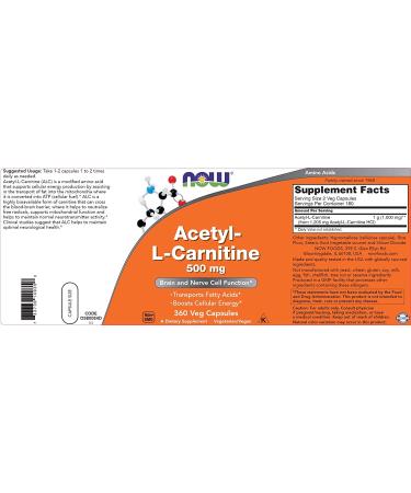 Now Foods Acetyl-L-Carnitine 500mg 360 Veg Capsules - Non-GMO | 360 Count - Buy Online on GoSupps.com