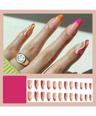 Justotry 24 Pcs Multicolour Swirl Oval False Nails - Trendy Short French Press On Nails with Nail Glue - Almond Stick On Nails for Women's Nail Art - Buy Online on GoSupps.com