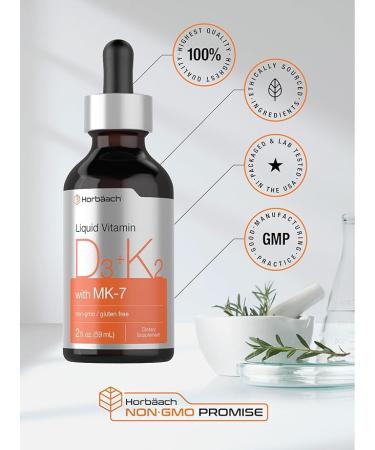 Vitamin D3 + K2 Liquid Drops with MK7 - 2 Fl Oz | Vegetarian & Non-GMO | Gluten Free | Horbaach - Buy Online on GoSupps.com