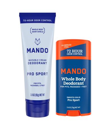 Mando Whole Body Deodorant - Invisible Cream and Solid Formulas - 72 Hour Odor Control - Aluminum & Baking Soda Free - Skin Safe - 3 oz Cream & 2.6 oz Solid Bundle - Pro Sport