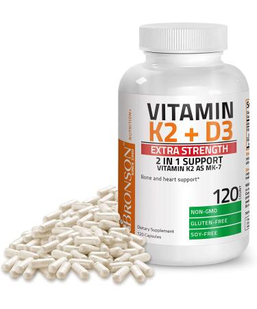 Bronson Vitamin K2 (MK7) & D3 Extra Strength Supplement - 10,000 IU Vitamin D3, 120 mcg Vitamin K2 MK-7 - Bone & Heart Health - Non-GMO Formula - 120 Capsules - Buy Online on GoSupps.com