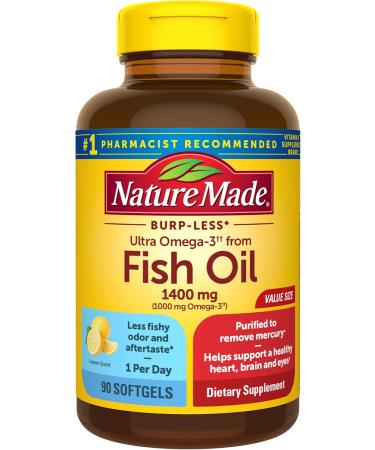 Nature Made Burp Less Ultra Omega 3 Fish Oil Supplements 1400 mg Omega 3 Supplement for Healthy Heart Brain and Eyes Support 90 Softgels