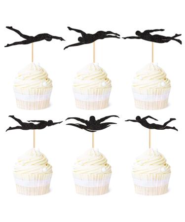 Ercadio 24 PCS Swim Cupcake Toppers Summer Swiming Cupcake Toppers Picks Black Swimming Cake Topper for Swim Party Birthday Baby Shower Kids Birthday Party Cake Decorations Supplies Swim Black