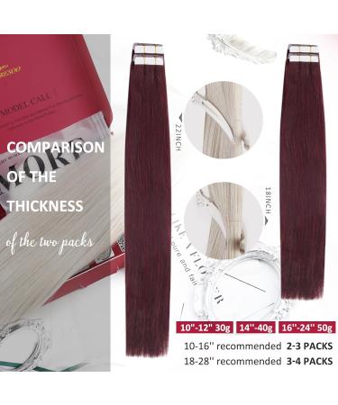 Moresoo 12 Inch Burgundy Red Tape in Hair Extensions - 100% Real Human Hair Remy, Invisible Tape-in Extensions - 20 Pieces/30g #99J - Buy Online on GoSupps.com