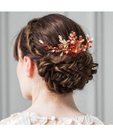 BETITETO Red Crystal Bridal Hair Piece with Comb Gold Vine Flower Hair Accessories for Wedding Women Girls