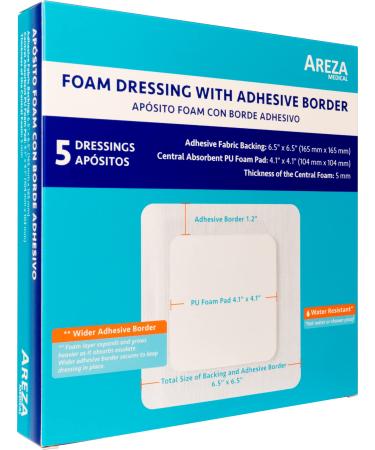Foam Wound Dressing with Adhesive Border 6.5 x 6.5 Central Foam: 4.1 x 4.1 Thickness 5 mm 5 per Box by Areza Medical