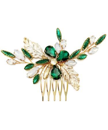 BETITETO Green Bridal Side Comb Crystal Leaf Wedding Small Hair Piece Accessories for Women Girls Party (Emerald Green)