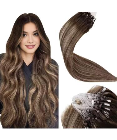 LAAVOO Microring Extensions Real Hair Brown 45cm Remy Hair Extension Microring Real Hair Ombre Dark Brown Dark Ashblond Micro Loop Extensions Real Hair 50g #4/18/45 cm 3.15micro #4/18/4