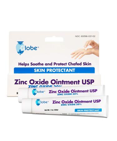 Globe Zinc Oxide Ointment 20%, 2 Ounce Tube (2 Pack) (Total 4 oz) Advanced Skin Protection, For Diaper Rash, Relief From Poison Ivy, Sumac & Oak, Protects From Wetness, Protects Chafed Skin