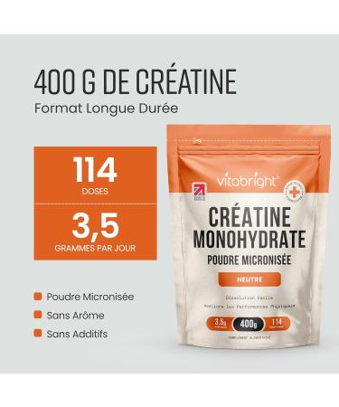 Cr atine Monohydrate en Poudre Micronis e | Sachet 400 g | 114 Portions | Creatine Monohydrate Poudre Ultra-Fine 200 Mesh Dissolution Rapide (Pas en Gelules ni Gummies) | Vegan | Vitabright 400g - Buy Online on GoSupps.com