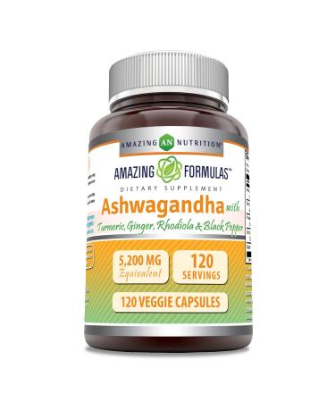 Amazing Formulas Ashwagandha Supplement | Contains Turmeric Ginger Rhodiola & Black Pepper | 5200 Mg Per Serving | Veggie Capsules | Non-GMO | Gluten-Free | Made in USA (1 Pack | 120 Count)