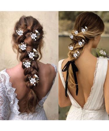 Crystal Pearl Bridal Flower Wedding Hair Pins - Gold Hair Accessories with Rhinestone for Brides & Bridesmaids - 6 Pieces (Pure White Flower) - Buy Online on GoSupps.com