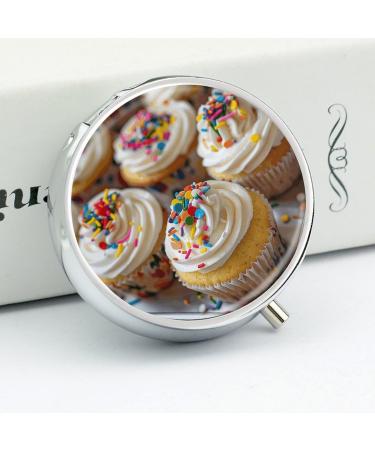 Round 3-Compartment Pill Organizer - Decorative Portable Metal Pill Box with White Icing Print | Perfect Travel Medicine Case - Buy Online on GoSupps.com