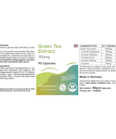 Extrait de th vert 750mg - 1500mg par dose journali re dont 225mg EGCG - 90 g lules- hautement dos - dosage s r - vegan - suppl ments d'Allemagne | Vitamintrend - Buy Online on GoSupps.com