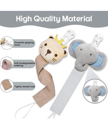 TYRY.HU 2 Pack Neutral Pacifier Holder Clips for Girls and Boys - Soft Webbing Soothie Binky Clips - Cute Baby Gift Set - Elephant Bear Theme - Buy Online on GoSupps.com