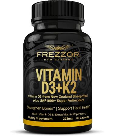 FREZZOR Vitamin D3 and K2 Caps High Potency D3 2000IU and K2 (MK7) 80mcg Unique Vit D3 from 100% New Zealand sheep's wool lanolin. Cardiovascular Support & Bone Health 60 Softgels 1 Month Supply