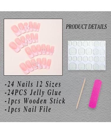 Luxury French Tip Press on Nails - Medium Square Glossy Full Cover with Pearls & 3D Bow Rose Charms - 24 Pcs for Women & Kids - Perfect Manicure Decor - Buy Online on GoSupps.com
