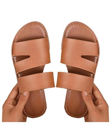 Puzzlegame Women's sandals with flat ribbons flat rubber sandals for women-summer leisure shoes to slip in with open toes big size to go out swim and shop 37 EU dark brown