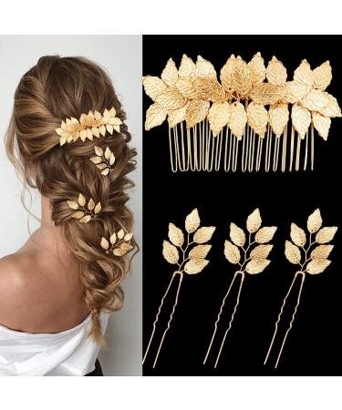4 Pieces Gold Leaf Hair Pins Bridal Wedding Hair Pins Clips Headpiece Vintage Wedding Hair Accessories for Women Girls Brides Bridesmaids Flower Girls