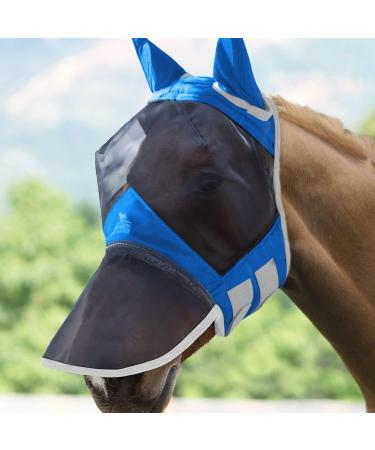 Harrison Howard Caremaster Pro Luminous Horse Fly Mask Large Eye Space Long Nose with Ears UV Protection for Horse Signature Blue L Signature Blue