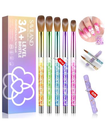 Saviland 5PCS Acrylic Nail Brushes - Size 8/10/12/16/18 Nail Brushes for Acrylic Application Sparkling Rainbow Acrylic Powder Brush with Nail Brush Holder for Acrylic Nails Extension 3D Carving