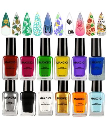 MAXCICI 12 Colors Nail Art Stamping Polish 8ML Nail Color Polish Air Dry Nail Printing Polish White Black Golden Silver Red Yellow Blue Nail Plates Polish 12 colors nail polish