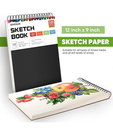 Soucolor 9x12 Sketch Book - 100 Sheets Spiral Bound Artist Drawing Pad - Acid Free Paper - Ideal for Painting, Sketching and Art - Black Cover - Buy Online on GoSupps.com