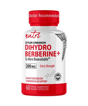 Dihydroberberine Supplement 200mg 60 Capsules - with Organic Ceylon Cinnamon 54X More Bioavailable Than Regular Berberine HCL - Nutri Supplements Dihydroberberine 200mg - 3rd Party Tested - Vegan DihydroBerberine 60 Count