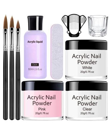 Acrylic Nail Kit - 3 Colors Acrylic Powder Set - White Clear Pink Acrylic Nail Powder for Acrylic Nails Extension Beginner Kit