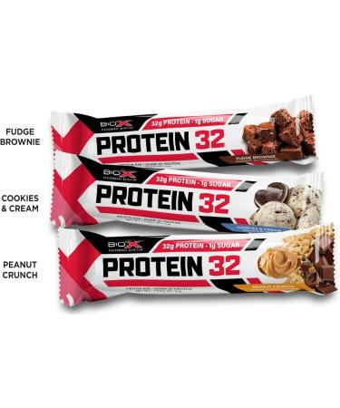 BioX Protein 32 Bar Variety Pack | High Protein High Fibre & Low Sugar | 32 Grams Protein 1 Gram Sugar | 4 Fudge Brownie 4 Cookies & Cream 4 Peanut Crunch Variety Box of 12 - Buy Online on GoSupps.com