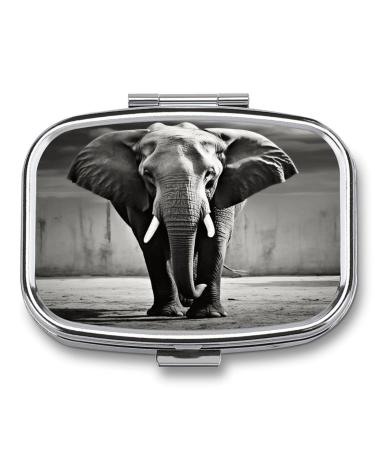 Pill Box Black and White Elephant Print 2 Compartment Medicine Pill Case Pill Organizer Decorative Metal Portable Pill Box for Pocket Or Purse